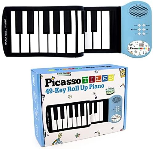 PicassoTiles PT49 Portable Kid's 49-Key Flexible Roll Up Educational Electronic Digital Music Piano Keyboard w/ Recording Feature, 8 Different Tones, 6 Educational Demo Songs & Build-in Speaker - Blue